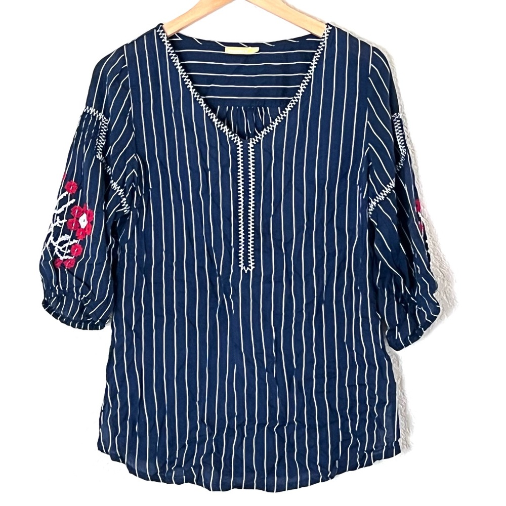 Mustard | Blue and white striped embroidered sleeve boho loose fit blous…